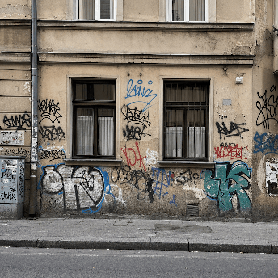 Grafit na fasáde – Meštiansky dom, Nové Mesto, pred zásahom